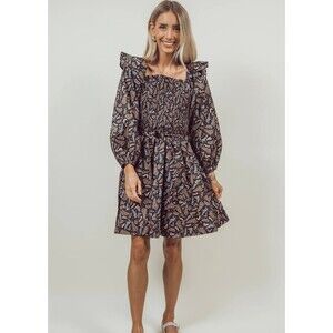 En Merci Olivia Printed Mini Dress Longsleeve Black Pink Leaf Pattern Large